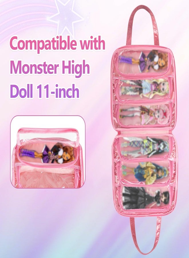 LoDrid Doll Case Compatible with Monster High Dolls with 6 Transparent Pockets for Display and Storage, Tote Bag with Front Pocket and Handle, Pink, Bag Only - Image 3